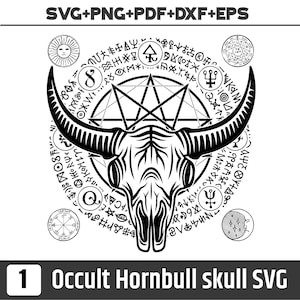 May include: Black and white graphic of an occult horned bull skull with a pentagram and symbols. The design includes the text "Occult Hornbull skull SVG" and file type options.