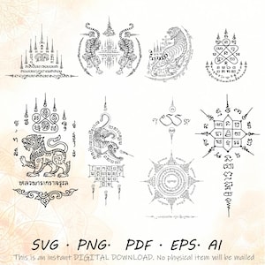 Könnte beinhalten: Eine Sammlung digitaler Designs in Schwarz und Weiß mit detaillierten Illustrationen von Tigern, geometrischen Mustern und Schriftzügen. Verfügbar in den Formaten SVG, PNG, PDF, EPS und AI.