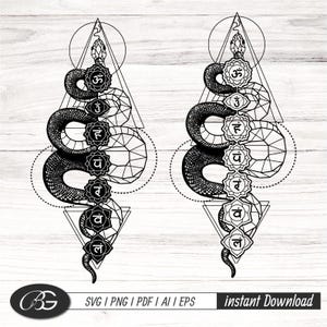 May include: A black and white digital illustration of two snakes with geometric shapes and symbols. The design includes text that reads "SVG / PNG / PDF / AI / EPS" and "instant Download". The artwork has a spiritual or meditative theme, suitable for digital art projects.
