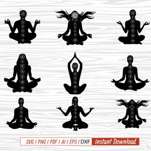 7 Chakras girl SVG, Namaste Clipart, Yoga Bundle, Chakra Symbols SVG, Meditation cut file, Digital Cut File,  Cricut Silhouette Eps Png Dxf