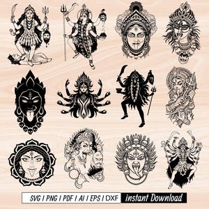 May include: A collection of black and white illustrations of Hindu deities in various poses. The images include figures with multiple arms, holding weapons, and wearing ornate jewelry. The bottom of the image includes the text "SVG | PNG | PDF | AI | EPS / DXF instant Download."