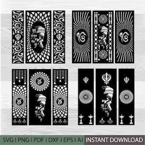 May include: Black and white digital art panels featuring Sikh religious symbols and imagery. The panels include the Ek Onkar symbol, portraits of Guru Nanak, and decorative patterns. The bottom of the image includes the text "SVG I PNG I PDF I DXF I EPS I AI INSTANT DOWNLOAD."