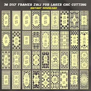 Pode incluir: Uma coleção de 36 arquivos digitais retangulares rotulados 36 DXF FRAMES JALI FOR LASER CNC CUTTING. Cada moldura apresenta um padrão de treliça geométrica amarelo-claro único com um símbolo Om e uma suástica centralizados no design.