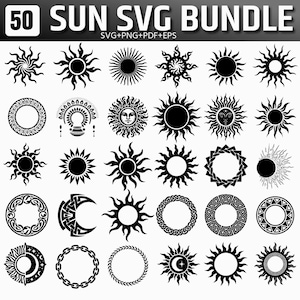 May include: A digital collection of 50 black and white sun-themed graphic designs labeled 50 SUN SVG BUNDLE SVG+PNG+PDF+EPS. The image displays a grid of various circular sun icons, celestial motifs, sunburst patterns, and intricate geometric circular borders.