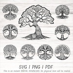 May include: A collection of black and white tree of life designs, each with intricate details and a unique style. The designs include the text "SVG | PNG | PDF" and the statement "This is an instant DIGITAL DOWNLOAD. No physical item will be mailed."