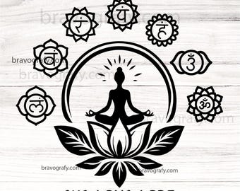 7 Chakras Lotus SVG, Yoga Symbols, Meditation Clipart (Digital Cut File)