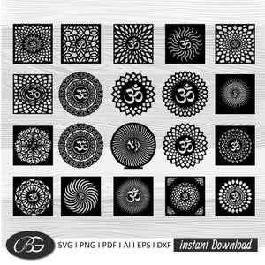 Pode incluir: Uma coleção de designs de símbolos Om em preto e branco em vários padrões geométricos. Os designs são exibidos em fundos quadrados e circulares. A imagem inclui o texto "SVG | PNG | PDF | AI | EPS | DXF instant Download".