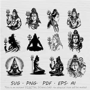 Puede incluir: Una colección de ilustraciones en blanco y negro del dios hindú Shiva en varias poses. Cada imagen presenta detalles intrincados, incluyendo joyas, un tridente y una expresión serena. El texto "SVG • PNG • PDF • EPS • AI" se encuentra en la parte inferior de la imagen.