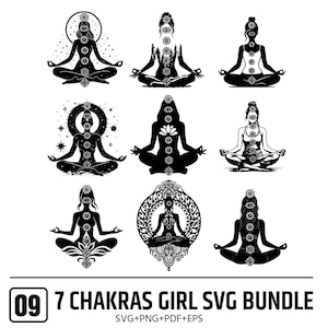 7 Chakras Girl Yoga SVG Bundle | Meditation Clipart, Spiritual Cut Files (Digital Download)