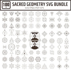 May include: A collection of 100 Sacred Geometry SVG designs in a variety of shapes and patterns. The designs are in black and white, including geometric shapes, lines, and symbols. The text "SACRED GEOMETRY SVG BUNDLE" is at the top.