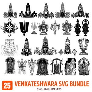 Puede incluir: Un conjunto de 25 diseños SVG de Venkateshwara en blanco y negro. El paquete incluye varias ilustraciones detalladas de deidades, símbolos religiosos y elementos arquitectónicos, perfecto para proyectos de arte digital.