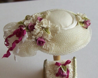 Pretty 1/12 scale handmade dollhouse miniature  silk hat and matching bag