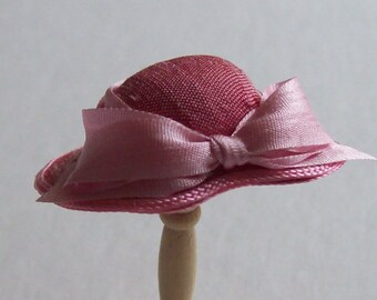 Rose pink narrow brimmed silk hat handmade 1/12th scale dollhouse miniature