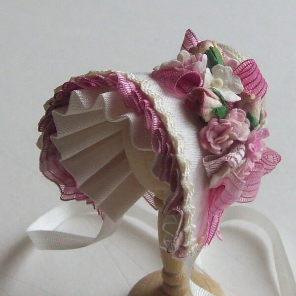 DISCONTINUED SALE 20% OFF Pretty ivory and pink handmade 1/12 scale dollshouse  shaped silk bonnet