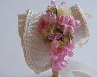 Handmade 1/12th scale dollshouse beautiful ivory silk bonnet