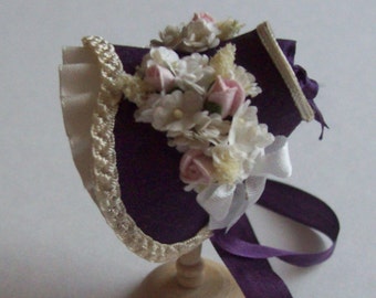 Handmade 1/12th scale dollshouse beautiful aubergine silk bonnet