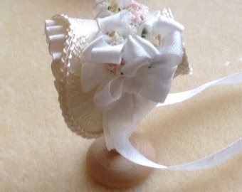 Ivory silk shaped bonnet handmade 1/12th scale dollhouse miniature