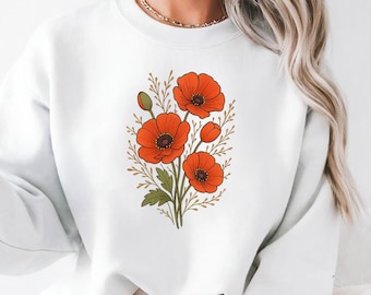 Poppy Flower Hoodie, Red Floral Botanical Sweatshirt, Nature Lover Pullover