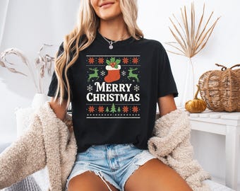 Ugly Sweater Style Christmas T-Shirt: Reindeer, Stocking, Snowflake