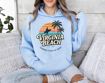 Virginia Beach Retro Hoodie: Surf Palm Tree Graphic, Summer State of Mind