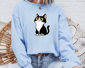 Kawaii Cat Hoodie, Black and White Kitten Sweatshirt, Animal Lover Gift