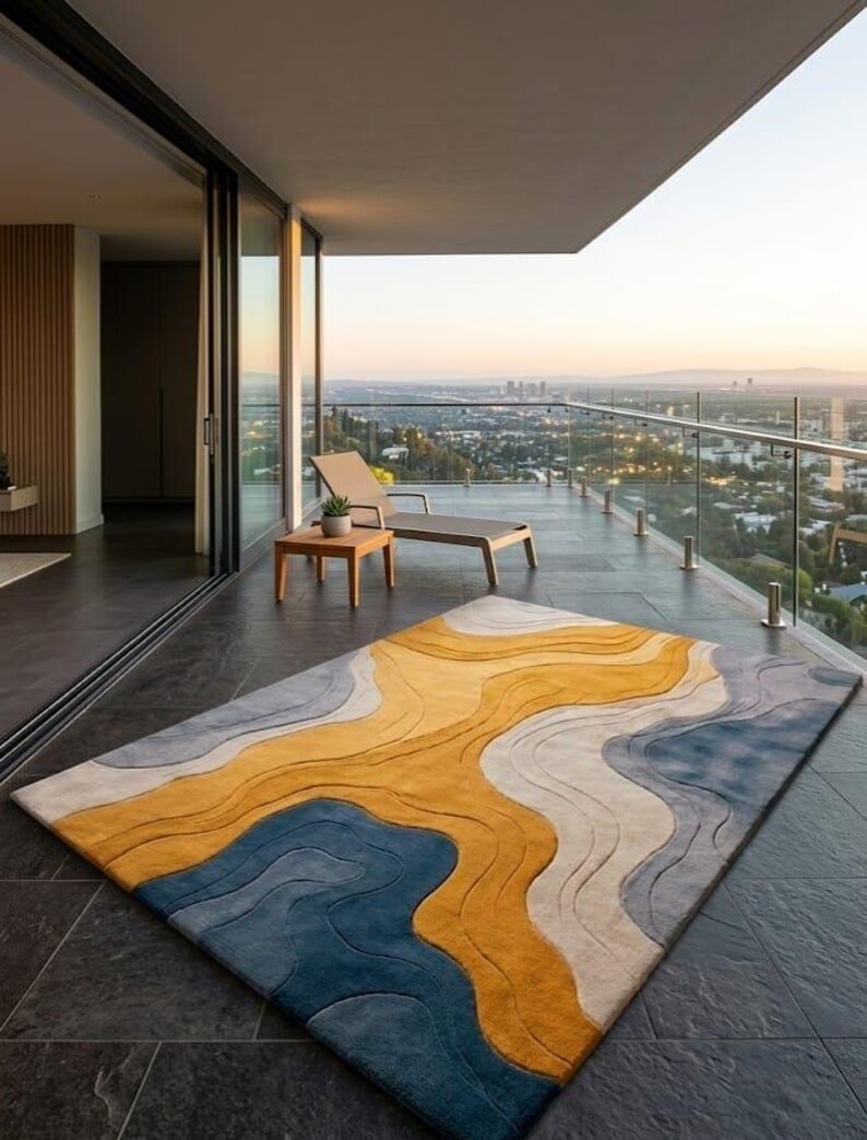 Hand Tufted Wool Area Rug, Modern Abstract Blue Gold Cream Carpet - Etsy