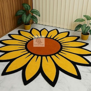 Sunflower Shaped Rug | Boho Floral Tufted Carpet | Handmade Aesthetic Area Rug | Kids Nursery Room Decor | Cozy Flower Floor Mat