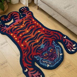 Tibetan Tiger Rug | Bold Boho Panther Carpet | Red Blue Animal Shaped Floor Mat | Wild Jungle Decor | Statement Art Rug for Living Room