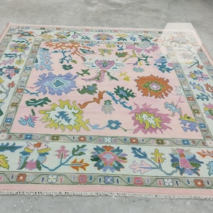 Hand Knotted Wool Rug Pink Oushak Carpet, Pastel Tribal Floral Low Pile Boho Area Rug for Modern Farmhouse Decor Gift