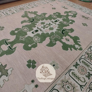 Hand Knotted Wool Rug | Green Medallion Turkish Area Carpet | Vintage Style Oriental Rug | Large Living Room Rug | Traditional Handmade Wool