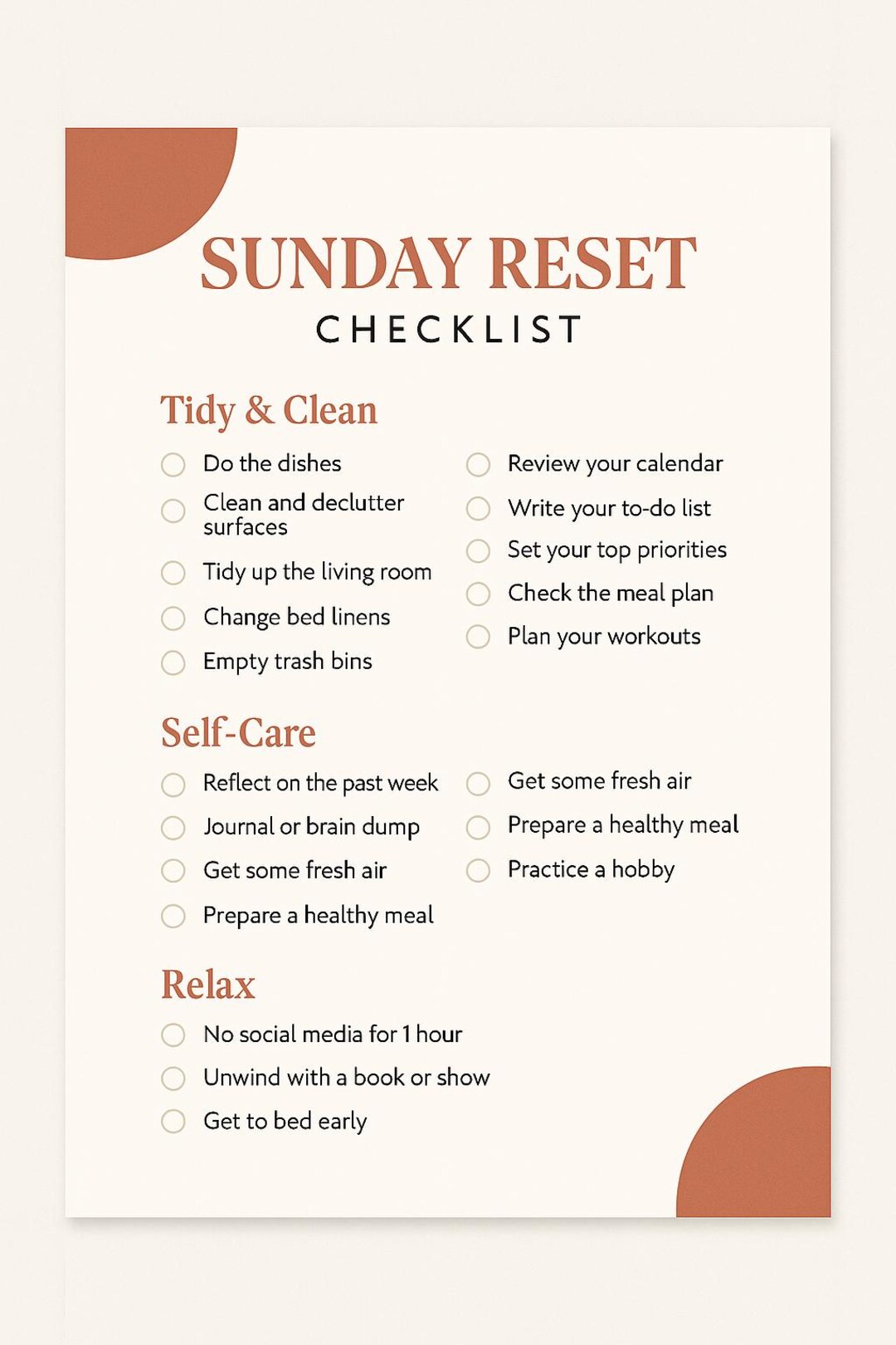 Sunday Reset Checklist.pdf Sunday Reset Checklist Printable – Weekly Routine Template for Self ...