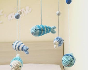 Ocean Baby Mobile, Crochet Fish Baby Boy Nursery, Blue Decor Shower Gift, Under the Sea