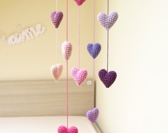 Crochet Heart Baby Mobile, Handmade Nursery Decor, Pink Purple