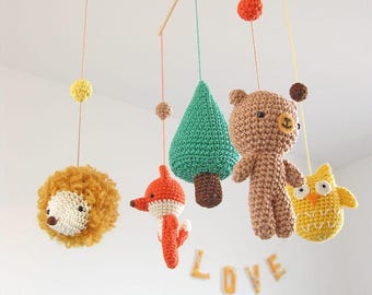Crochet Woodland Baby Mobile, Fox, Bear, Owl, Hedgehog