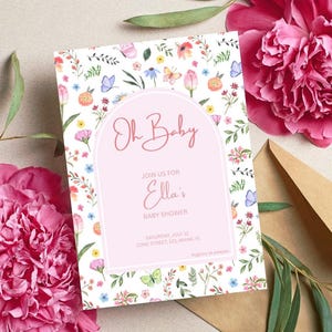 Baby Shower Invitation with Flowers and Pink, Girl Baby Shower Invite, Printable Baby Shower Invite Template, Flower Invitation