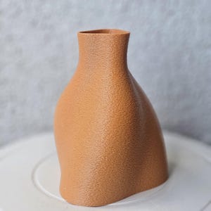 May include: A textured, brown vase with a narrow neck and a rounded body. The vase has a unique shape and a matte finish. The vase is sitting on a white surface against a light gray background.
