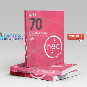 Könnte beinhalten: Ein Stapel rosa Bücher mit weißen Seiten. Das vordere Buch zeigt "NFPA 70 National Electrical Code 2023" und einen weißen Kreis mit "nec" und Blitzen. Das Bild enthält auch "DIGITALE DOWNLOADS" und eine "DOWNLOAD"-Schaltfläche.
