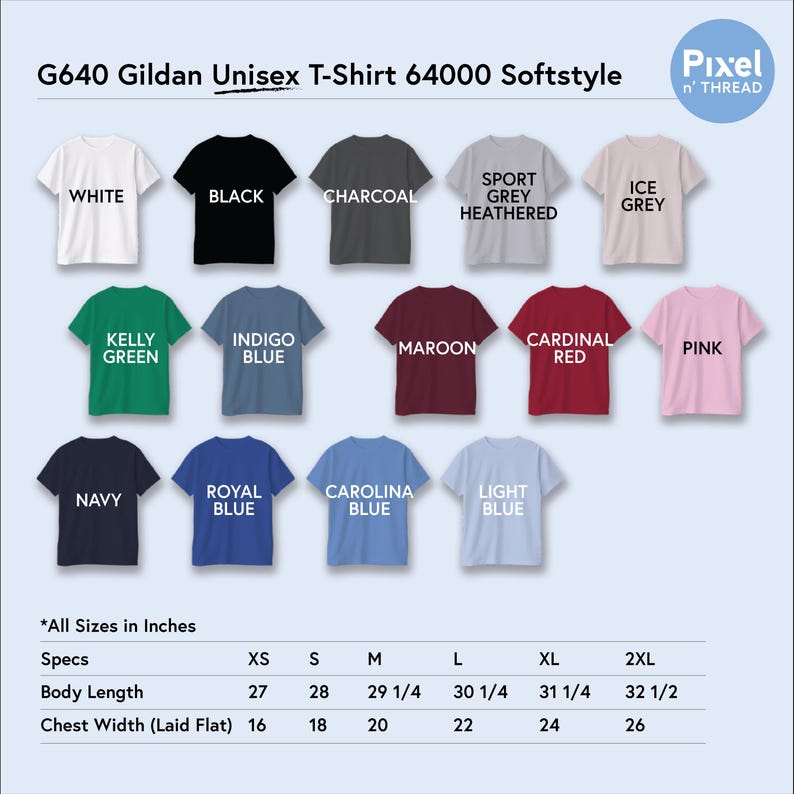 Puede incluir: Una exhibici&oacute;n de camisetas Gildan Unisex en varios colores, incluyendo blanco, negro y azul marino. La imagen muestra las camisetas con el texto "G640 Gildan Unisex T-Shirt 64000 Softstyle". Las especificaciones de tallas se enumeran en pulgadas.