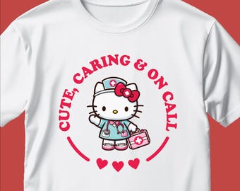 Camiseta de enfermera Hello Kit, bonita camiseta de enfermera, camiseta de enfermería para mujer, regalo para trabajadoras médicas, camiseta de enfermera registrada, enfermera práctica con licencia (LPN) y asistente de enfermería certificado (CNA), camiseta rosa estética de enfermera.
