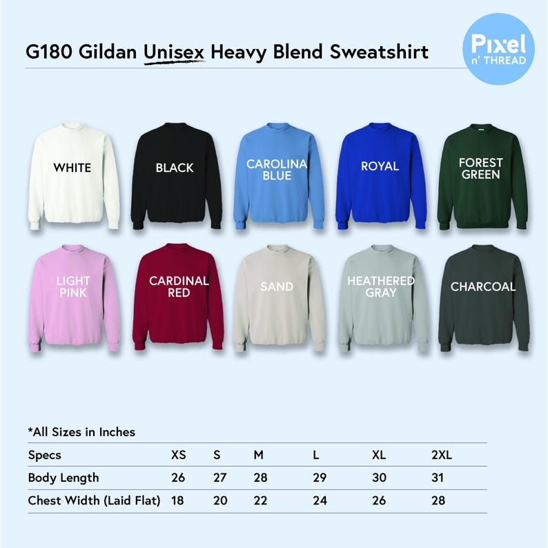 Puede incluir: Una selecci&oacute;n de sudaderas Gildan Unisex Heavy Blend en varios colores, incluyendo blanco, negro y azul Carolina. La imagen tambi&eacute;n muestra una tabla de tallas con medidas en pulgadas para la longitud del cuerpo y el ancho del pecho.