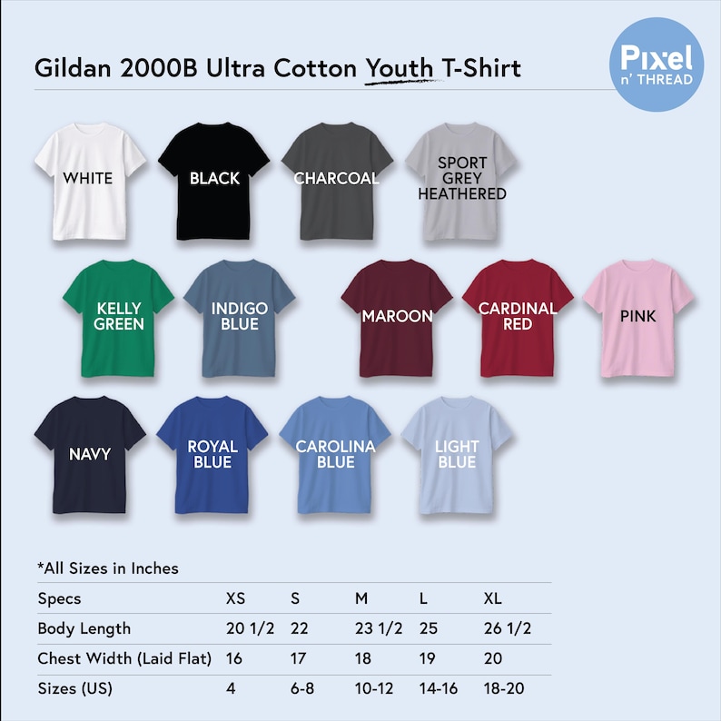 Puede incluir: Muestra de camisetas Gildan 2000B Ultra Cotton Youth en varios colores, como blanco, negro y rosa. La imagen incluye una tabla de tallas con medidas en pulgadas para la longitud del cuerpo y el ancho del pecho, de XS a XL.