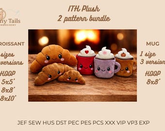Croissant and Mug Plush Embroidery Pattern Bundle (Digital Download)