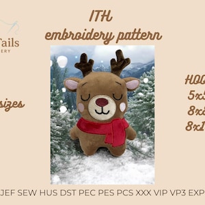 May include: A brown plush reindeer with a red scarf, designed as an embroidery pattern. The image includes the text "ITH embroidery pattern" and "Tiny Tails Embroidery". Hoop sizes are 5x5, 8x8, and 8x10 inches.