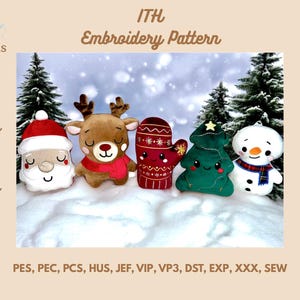 May include: A Christmas-themed embroidery pattern bundle featuring five plush designs: Santa Claus, a reindeer, a mitten, a Christmas tree, and a snowman. The designs come in three sizes: 5x5, 8x8, and 8x11 inches.