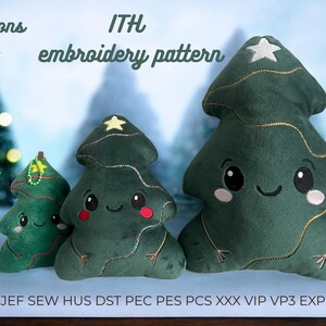 May include: Three plush Christmas tree decorations in varying sizes, each with a smiling face, rosy cheeks, and a star on top. The trees are dark green with embroidered details. Text on the image reads "ITH embroidery pattern" and lists sizes in inches.