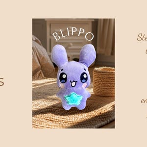 May include: A lilac plush bunny toy named "Blippo" with a glowing star on its chest. The image includes text that says "Tiny Tails Embroidery", "3 sizes", "Step-by-step tutorial", and "ITH embroidery pattern".