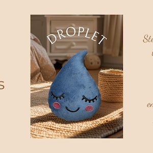May include: A blue droplet-shaped plushie with embroidered closed eyes and a smiling mouth. The image includes the text "DROPLET", "3 sizes", and "Step-by-step tutorial". The product is an ITH embroidery pattern.