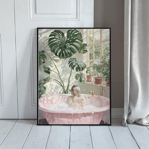 Vintage Pink Tub Bath Art Print: Botanical Bathroom Decor (Digital Download)