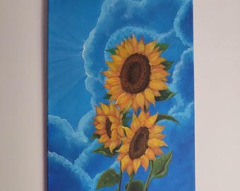 Pintura de girasoles sobre lienzo – Obra de arte acrílica original de 40×70 cm – Arte floral brillante para la pared de una casa – Arte de girasol amarillo hecho a mano