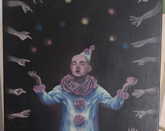 Pintura original de payaso surrealista – Acrílico sobre lienzo – «Juzgado» – Arte mural gótico circense – 40 x 30 cm – Obra figurativa oscura y emotiva